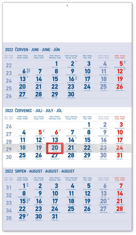 3měsíční nástěnný kalendář  standard modrý – s českými jmény 2022, 29,5 × 43 cm