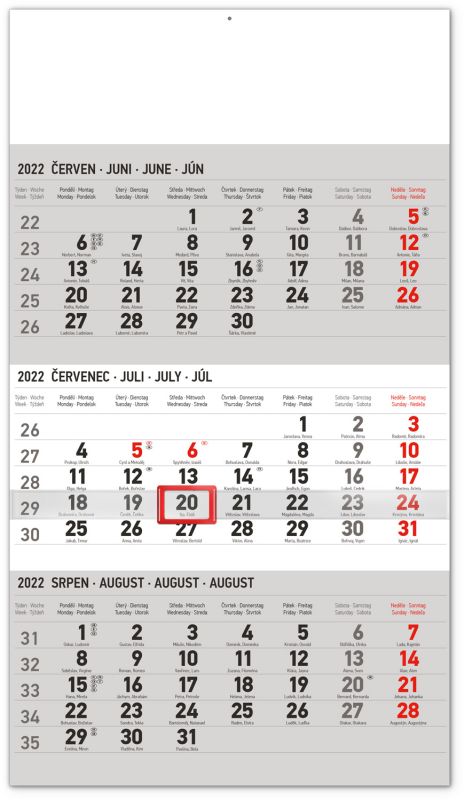 3měsíční nástěnný kalendář  standard šedý – s českými jmény 2022, 29,5 × 43 cm
